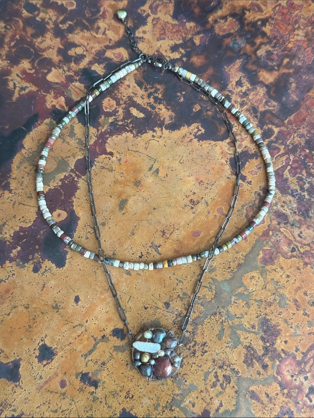 Handcrafted Multi-Color Beaded Necklace w/ Mixed-Metal Pendant 18”, 2” Extender
